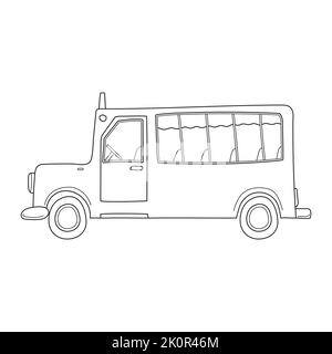 Un bus scolaire avec des fenêtres en style esquisse de doodle. Vue latérale. Illustration vectorielle noire et blanche dessinée à la main, isolée sur fond blanc Illustration de Vecteur