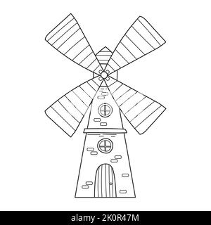 Un ancien moulin avec des murs en briques et une porte en style esquisse de caniche. Illustration vectorielle noire et blanche dessinée à la main, isolée sur fond blanc Illustration de Vecteur