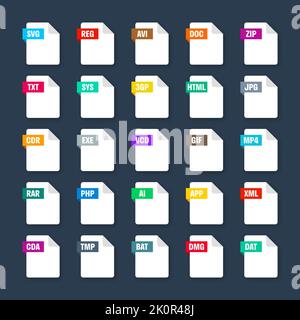 Formats de fichiers système courants. Types et extensions de document. Collection d'icônes de style plat. Pictogramme de document, élément interface utilisateur de conception Web, modèle. Ordinateur Illustration de Vecteur