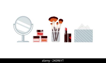Ensemble de cosmétiques décoratifs avec articles de maquillage et miroir.Illustration plate Illustration de Vecteur