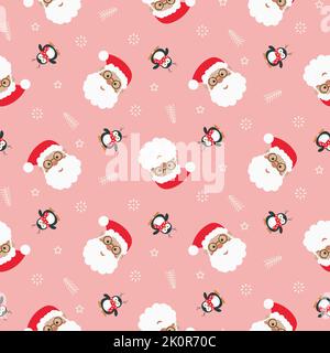 Motif de Noël sans coutures pour le Père Noël. Fond rose avec pingouins et têtes de Père Noël Illustration de Vecteur