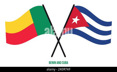 Le Bénin et Cuba drapeaux croisés et ondulés de style plat. Proportion officielle. Corriger les couleurs. Illustration de Vecteur