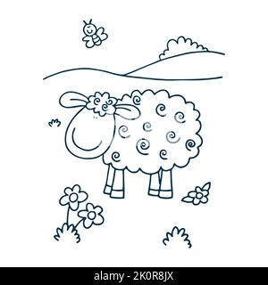 Coloriage de pages avec de mignons moutons qui se meut sur la prairie et berger avec son chien. Illustration vectorielle de dessin animé. Couleur et image colorée de mouton. Stock i Banque D'Images