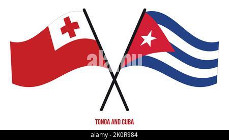 Les drapeaux des Tonga et de Cuba sont croisés et ondulés de style plat. Proportion officielle. Corriger les couleurs. Illustration de Vecteur