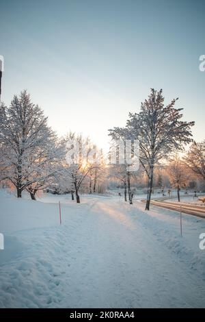 Partie du pavé d'une matinée glacielle dans la ville finlandaise de Kajaani, au nord du pays, dans la région de Kainu. Les rayons du soleil du matin Banque D'Images