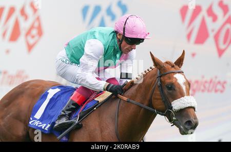 Photo du dossier en date du 11-09-2022 de Chaldéen, monté par Jockey Frankie Dettori, remporte les piquets de champagne Coral. Le départ de Newmarket ou un voyage en France pour le Prix Jean-Luc Lagardère sont les deux options envisagées pour Chaldéen après son impressionnante victoire à Doncaster dimanche. Date de publication : mardi 13 septembre 2022. Banque D'Images