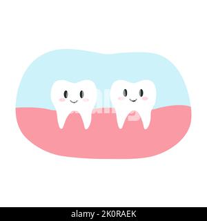 Deux personnages de dents saines souriantes et mignons, de style dessin animé plat. Illustration vectorielle du concept de santé dentaire, hygiène buccale Illustration de Vecteur