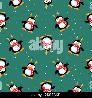 Motif pingouins de Noël sans coutures. Fond vert avec neige et bonhomme de neige. Illustration de Vecteur