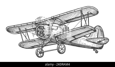 Avion volant. Plan rétro. Dessin à la main aviation dans un style de gravure vintage. Illustration vectorielle isolée Illustration de Vecteur