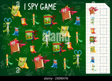 I Spy Game Worksheet. Personnages super-héros de l'éducation scolaire de dessin animé. Les enfants comptant le vecteur énigme ou jeu avec bloc-notes, ciseaux et gomme, taille-crayon, crayon et livre héros d'école mignons personnages Illustration de Vecteur