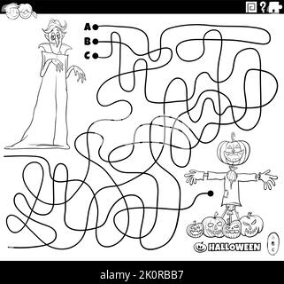 Dessin animé noir et blanc illustration de lignes labyrinthe puzzle avec bande dessinée vampire et scarecrow avec Halloween Pumpkins coloriage page Illustration de Vecteur