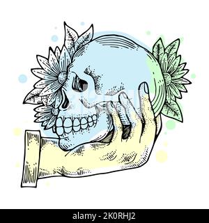 Crâne humain à la main esquisse gravure illustration du vecteur. Imitation de style tableau à rayures. Image dessinée à la main en noir et blanc. Banque D'Images