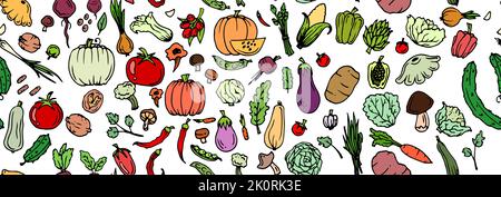Légumes délicieux. Fruits de jardin. Plantes alimentaires comestibles. Contour tracé à la main. Isolé sur fond blanc. Motif sans couture. Vecteur Illustration de Vecteur