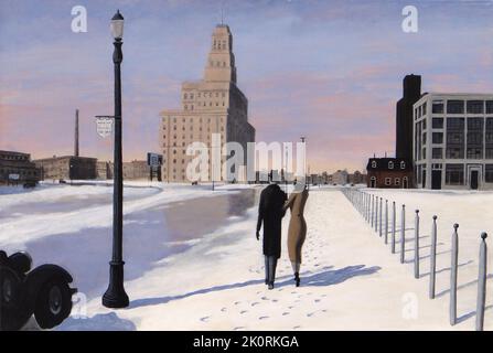 1930s scène d'un couple qui s'est promenée sur l'avenue University de Toronto, le jour d'hiver. Banque D'Images