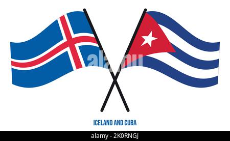 Les drapeaux d'Islande et de Cuba sont croisés et ondulés de style plat. Proportion officielle. Corriger les couleurs. Illustration de Vecteur