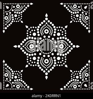 Mandala florale de style Aborignal avec coins point peinture vector design, Australian folk art carré composition en blanc sur fond noir Illustration de Vecteur