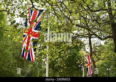 Les travailleurs ont installé les syndicats Jacks dans le centre commercial devant le funéraire d'État de la reine Elizabeth II. The Mall, Londres. ROYAUME-UNI Banque D'Images