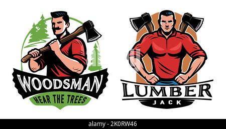 Bûcheron avec emblème à la hache et mascotte. Jeu d'étiquettes pour l'industrie du bois et le travail du bois. Illustration à vecteur de couleur Illustration de Vecteur