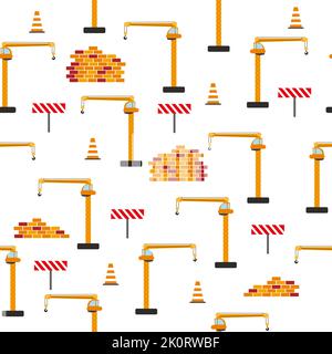 Joli modèle sans couture puéril avec camion de décharge de voiture jaune, grue, mélangeur de béton. Illustration du chantier de construction en style dessin animé. Illustration de Vecteur