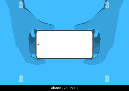 Maquette de téléphone avec écran vierge isolé sur fond bleu. Téléphone à portée de main Illustration de Vecteur