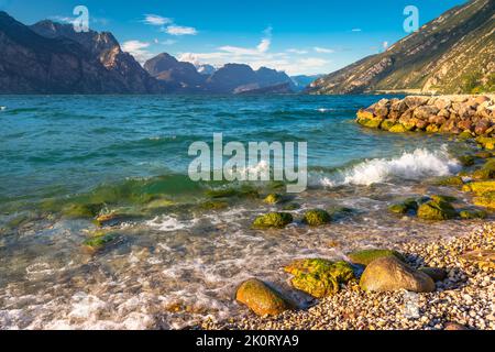 Idyllique côte du lac de Garde près de Malcesine au coucher du soleil, alpes italiennes Banque D'Images