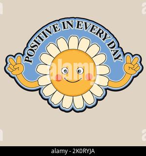 Une camomille de fleur de dessin animé de caractère rétro souriant. Illustration de Vecteur