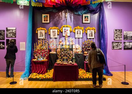 Ofrenda Artwork, exposition traditionnelle d'objets pour le jour des morts, fête de la Día de Muertos, Musée national d'art mexicain, Chicago, Illinois, États-Unis Banque D'Images