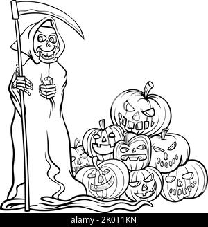 Dessin animé noir et blanc illustration de sinistre sinistre avec scythe et pile de la page de coloriage de citrouilles d'Halloween Illustration de Vecteur