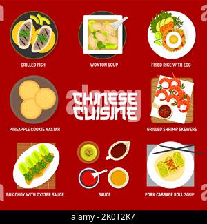 Menu de cuisine chinoise avec plats et plats asiatiques, restaurant Vector pour le déjeuner et le dîner. Cuisine chinoise plats traditionnels de soupe de boulettes de wonton, riz frit aux œufs et crevettes grillées Illustration de Vecteur