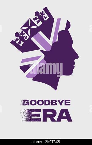 Silhouette de la tête Queens en profil avec le fond du drapeau britannique sur une partie de l'image. Dame avec vue latérale sur la couronne. Au revoir Era fade script. Illustration vectorielle. Illustration de Vecteur