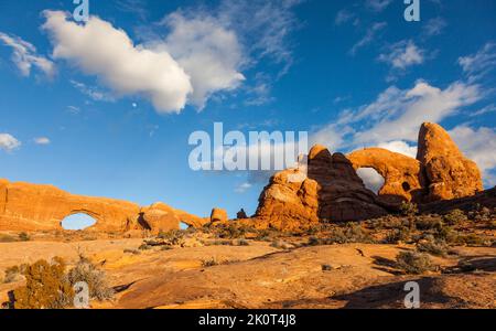 Lune au-dessus de la fenêtre nord, de la fenêtre sud et de l'arche de la tourelle dans la section Windows du parc national d'Arches, Moab, Utah. Banque D'Images