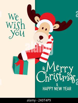 Carte de Noël joyeuse avec cerf piquant et boîte à cadeaux. Illustration vectorielle Illustration de Vecteur Carte de Noël joyeuse avec cerf piquant et boîte à cadeaux. Illustration vectorielle Illustration de Vecteur