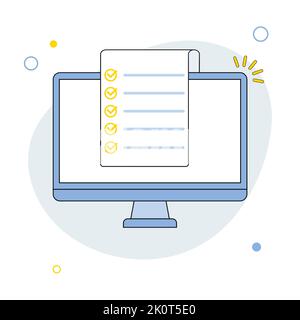 Liste de contrôle avec des coches sur l'écran de l'ordinateur. Le concept de test en ligne. Liste de contrôle. Illustrations vectorielles dans un style de dessin au trait. Illustration de Vecteur