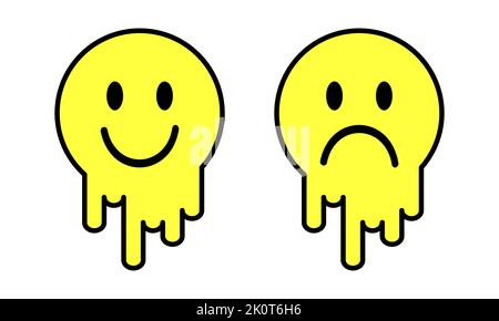 Sourire en fusion. Souriez. Icône sourire. Sourire jaune. Bonne humeur. Emoji positif. Liquide circulant. Triste visage. Vecteur emoji. Emoji visage. Illustration vectorielle Illustration de Vecteur