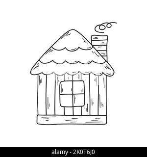 Maison de conte de fées en bois avec cheminée dessin de ligne noire. Image d'esquisse noire simple d'illustration isolée à vecteur cottage. Livre de coloriage de logement Illustration de Vecteur