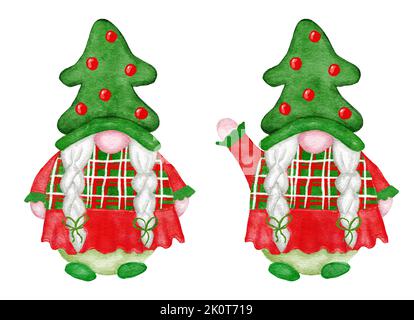 Nains scandinaves dessinés à la main aquarelle pour sapin de noël. Illustration de la nouvelle année en vert rouge. Drôle de caractère d'hiver nord suédois elf dans le chapeau barbe. Tissu pour cartes de vœux Banque D'Images