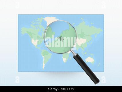Carte du monde avec une loupe destinée à la Belgique, recherchant la Belgique avec la loupe. Carte vectorielle. Illustration de Vecteur