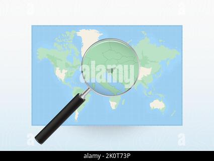 Carte du monde avec une loupe destinée à la Slovénie, recherchant la Slovénie avec la loupe. Carte vectorielle. Illustration de Vecteur