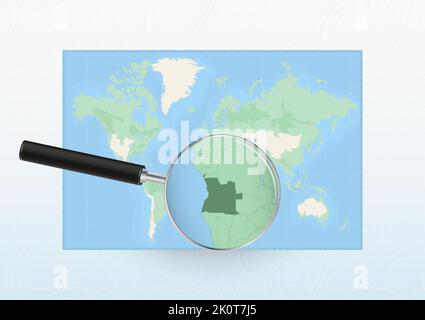 Carte du monde avec une loupe orientée vers l'Angola, recherchant l'Angola avec la loupe. Carte vectorielle. Illustration de Vecteur