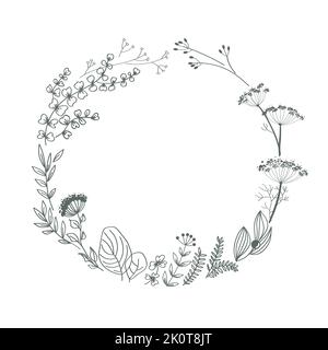 Cadre de couronne avec feuilles et branches dessinées à la main. Bordure de l'automne pour invitation, carte de vœux, citation, mariage. Contour vectoriel Illustration de Vecteur