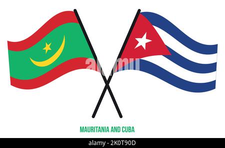 Mauritanie et Cuba drapeaux croisés et ondulés de style plat. Proportion officielle. Corriger les couleurs. Illustration de Vecteur