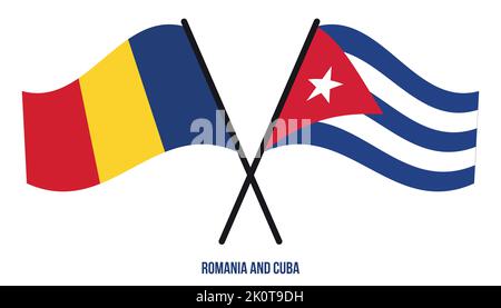 Roumanie et Cuba drapeaux croisés et ondulés de style plat. Proportion officielle. Corriger les couleurs. Illustration de Vecteur