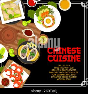 Menu de cuisine chinoise, plats et plats asiatiques, affiche vecteur de nourriture du restaurant. Cuisine chinoise déjeuner traditionnel et dîner de riz frit avec œufs, crevettes grillées et soupe de boulettes de wonton Illustration de Vecteur