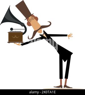 Illustration d'un lecteur de disques MAN et rétro. Moustache drôle dans le top holding vintage record joueur. Isolé sur fond blanc Illustration de Vecteur