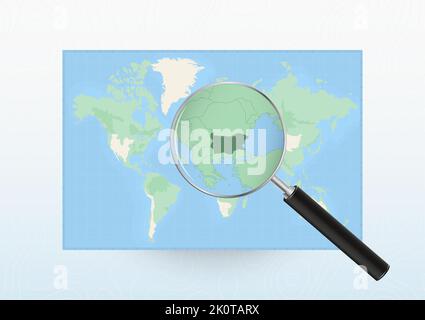 Carte du monde avec une loupe destinée à la Bulgarie, recherche Bulgarie avec loupe. Carte vectorielle. Illustration de Vecteur
