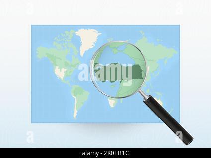 Carte du monde avec une loupe dirigée vers la Turquie, recherchant la Turquie avec la loupe. Carte vectorielle. Illustration de Vecteur