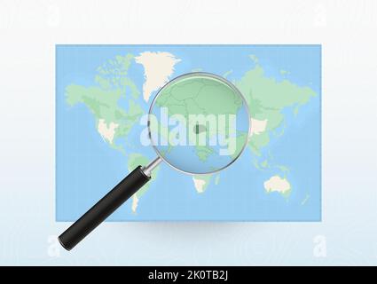 Carte du monde avec une loupe dirigée vers la Macédoine, recherchant la Macédoine avec la loupe. Carte vectorielle. Illustration de Vecteur