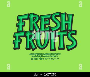Bannière alimentaire verte fruits frais avec texte vert coloré et police vectorielle anglaise style de dessin animé Illustration de Vecteur
