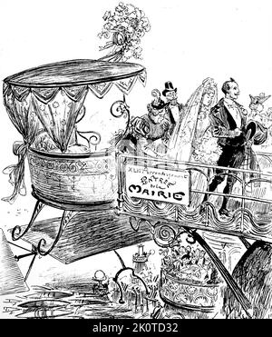 Dessin futuriste montrant une plate-forme d'atterrissage d'hôtel pour monter à bord d'un taxi aérien. De Robida, le Vingtieme Siecle, Paris 1883 ; Banque D'Images