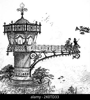 Dessin futuriste montrant une plate-forme d'atterrissage d'hôtel pour monter à bord d'un taxi aérien. De Robida, le Vingtieme Siecle, Paris 1883 ; Banque D'Images
